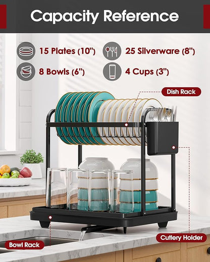 Sakugi 2-Tier Dish Drying Rack - Stainless Steel Dish Rack with Cutlery & Utensil Holders for Kitchen Counter, Sink Organization and Storage for Small Family, 15" W x 11.4" L x 15" H, Black - Image 2