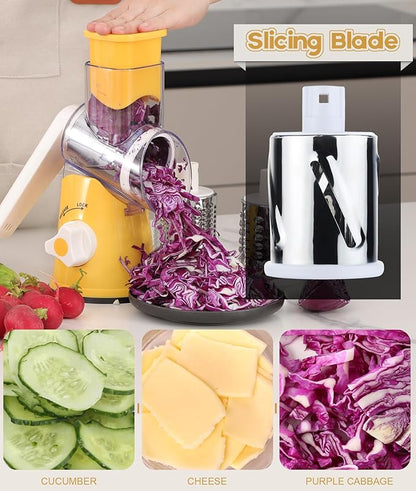 Ourokhome Rotary Cheese Grater Hand Crank, Kitchen Shredder Speed Mandolin Slicer Nut Grinder with Handle and Drum Blades for Cheese, Vegetable, Walnut, Chocolate, Potato, Carrot, 3 Blades, Yellow - Image 3