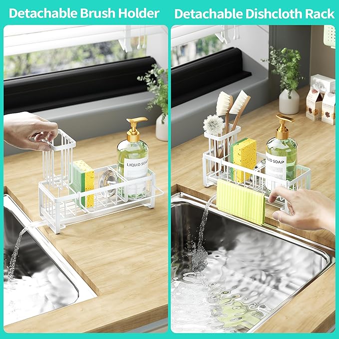 HapiRm Sponge Holder for Kitchen Sink - Self-draining Sink Caddy with Brush and Dishcloth Holders, Stainless Steel Kitchen Organizer for Countertop - White - Image 3