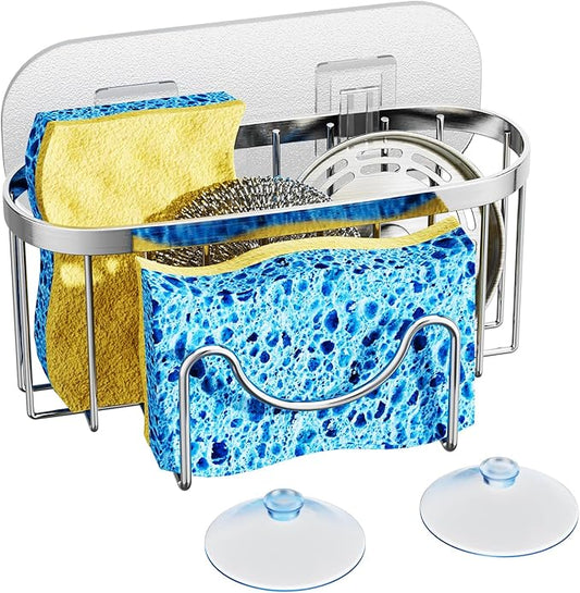 HapiRm Multifunctional Adhesive Kitchen Sink Organizer with M-Shaped, 2 Installation Methods Kitchen Sponge Holder, Rustproof Sponge Caddy for Brush, Sink Stopper and Scraper -Silver by HapiRm