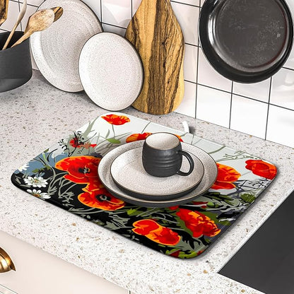 Giwawa Poppy Dish Drying Mat 16x18 inch for Kitchen Vintage Red Orange Floral Dish Drying Pad Oil Painting Flower Dish Drainer Mats Absorbent Microfiber Protector for Countertop Coffee Bar