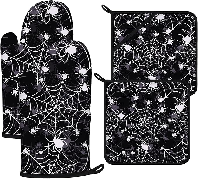 Spider Web Oven Mitts and Pot Holders Sets 4Pcs,Extra Long Oven Gloves Potholder for Kitchen Cooking Baking BBQ 100% Cotton Heat Resistant by VisittheDuibelproduct
