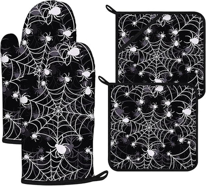 Spider Web Oven Mitts and Pot Holders Sets 4Pcs,Extra Long Oven Gloves Potholder for Kitchen Cooking Baking BBQ 100% Cotton Heat Resistant by VisittheDuibelproduct