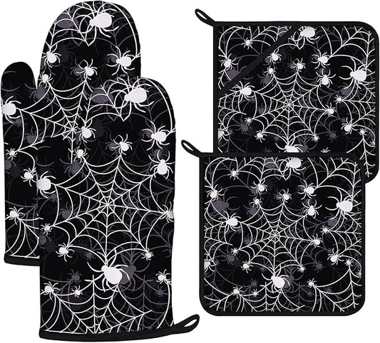 Spider Web Oven Mitts and Pot Holders Sets 4Pcs,Extra Long Oven Gloves Potholder for Kitchen Cooking Baking BBQ 100% Cotton Heat Resistant by VisittheDuibelproduct
