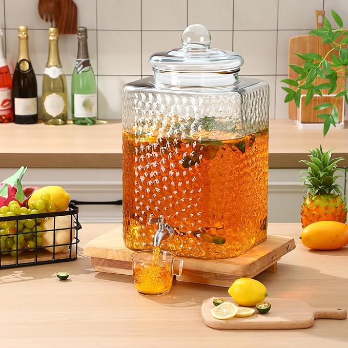 Honeydak 4.6 Gallon Glass Beverage Dispenser with Stand Stainless Steel Spigot Glass Lid Clear Iced Juice Container Leakproof Drink Dispenser Countertop Lemonade Water Jar for Wedding Party (2 Pack)