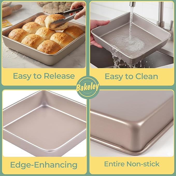 9x9 Baking Pan, 9 inch Brownie Pan, 9'' Square Cake Pan, Nonstick Carbon Steel, Shallow Dish Bakeware for Oven Baking (Champagne Gold)