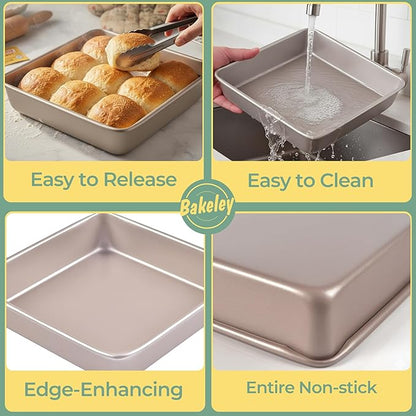 9x9 Baking Pan, 9 inch Brownie Pan, 9'' Square Cake Pan, Nonstick Carbon Steel, Shallow Dish Bakeware for Oven Baking (Champagne Gold)