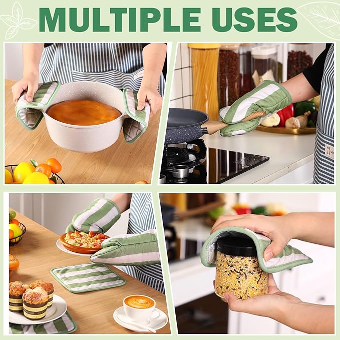 Reallnaive Oven Mitts and Pot Holders 4 Pcs Set for Kitchen, Stripe Cotton Oven Mitten Gloves Hot Pads Heat Resistant 500°f Outdoor Indoor Garden Baking Cooking BBQ Gift Hanging Loop, Beige (Green) - Image 6