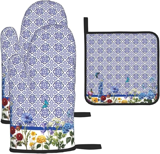 Blue Chinoiserie Oven Mitts Heat Resistant,Cute Floral Pot Holders and Kitchen Mitts, Heat Resistant Non-Slip Baking Golves Hot Pads for Cooking BBQ Grilling,Housewarming Gifts for Women Hostress