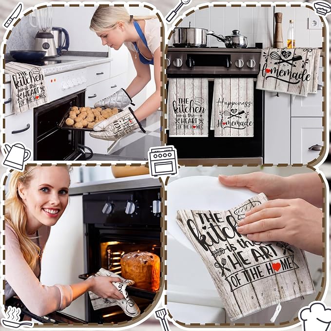 Sratte 6 Pcs Kitchen Decor Accessories Set Farmhouse Towels Pot Holders Oven Mitts Set 2 Dish Towels 2 Potholders 2 Cooking Mittens Oven Glove for Christmas Baking Cooking(White Wood Grain) - Image 5