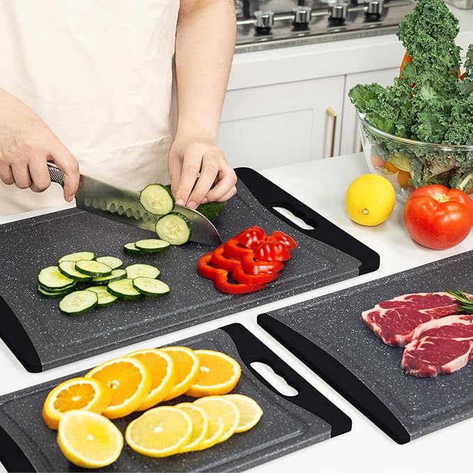 Extra Large Cutting Boards, Plastic Cutting Boards for Kitchen (Set of 3) Cutting Board Set Dishwasher Chopping Board with Juice Grooves Easy-Grip Handles, Dark Grey, Empune - Image 7