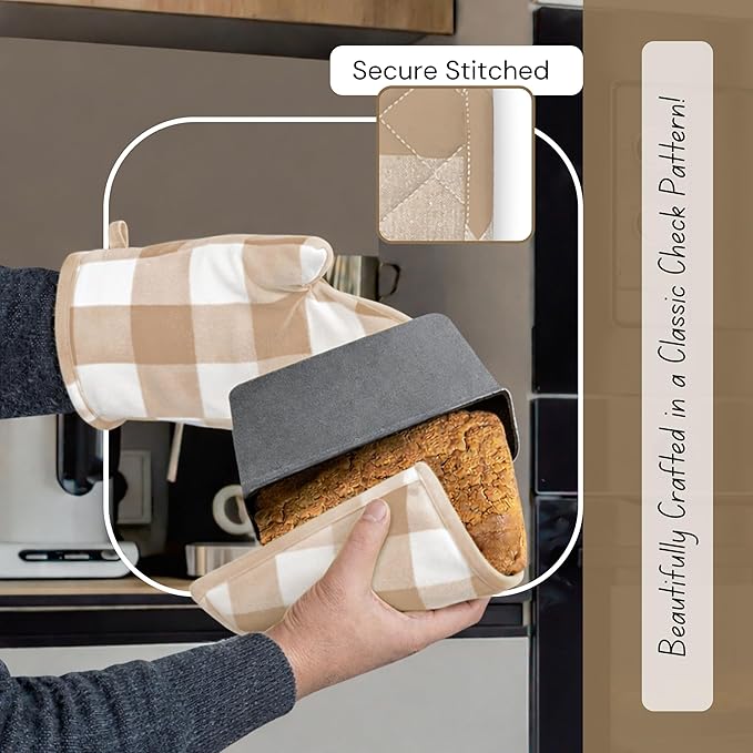 Native Fab Buffalo Plaid Check Oven Mitts and Pot Holders Set of 4, 100% Cotton Heat Resistant Kitchen Gloves, 2 Oven Mitts (7x13), 2 Pot Holders (8x8) for Cooking & Baking, Beige White - Image 3