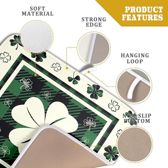 Giwawa Patrick Clovers Dish Drying Mat 16"x18" Lucky Shamrock Spring Leaf Dish Drainer Mats Green Black Buffalo Plaids Absorbent Microfiber Dish Drying Pad for Kitchen Countertop Small Decor