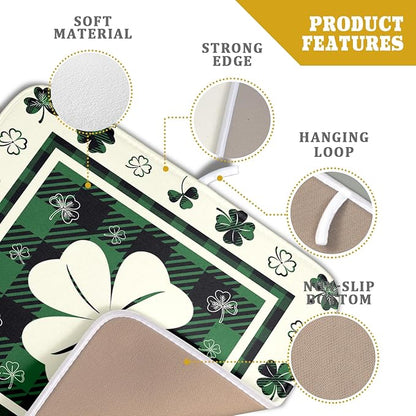 Giwawa Patrick Clovers Dish Drying Mat 16"x18" Lucky Shamrock Spring Leaf Dish Drainer Mats Green Black Buffalo Plaids Absorbent Microfiber Dish Drying Pad for Kitchen Countertop Small Decor
