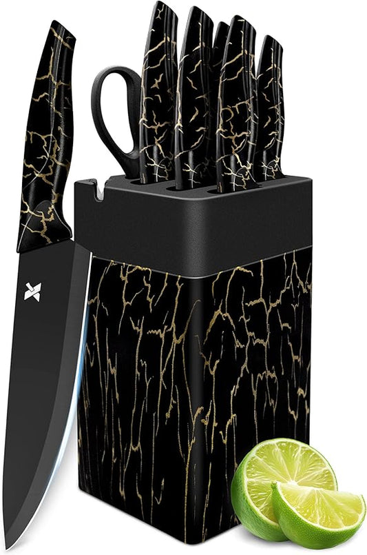 Knife Set, 8 Pieces Kitchen Knife Block Sets, High Carbon German Stainless Steel, Dishwasher Safe Cutlery with Sharpener, Black by Xanapon