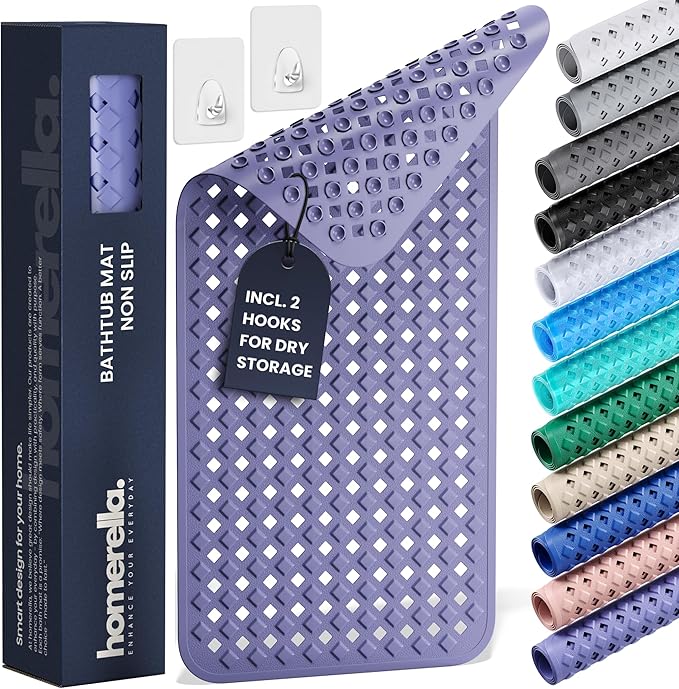 Bathtub Mat Non Slip 35x16 - homerella® Bath Mat Incl. Hooks for Drying, Extra Long, 100% BPA Free, Shower Mat Non Slip Anti Mold, Machine Washable, Shower Mats for Inside Shower Mildew Resistant