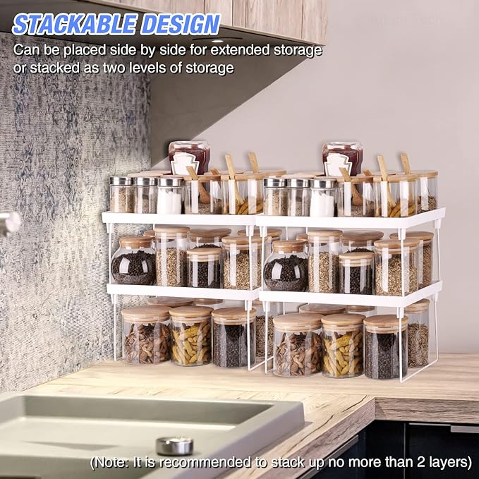 NiHome 4-Pack Stackable Plastic Kitchen Storage Shelf Foldable Rack - White Kitchen Cabinet Organizer and Storage Shelves Stackable Expandable Storage Racks for Counter Cabinet Pantry - Image 8