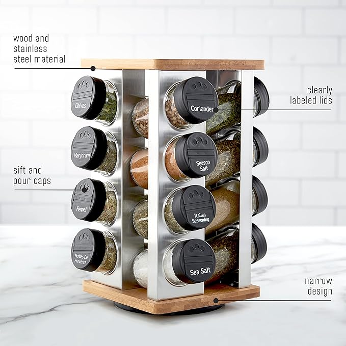 Kamenstein 16 Jar Warner Revolving Countertop Spice Rack Organizer with Lift & Pour Caps and Spices Included, FREE Spice Refills for 5 years, Stainless Steel & Bamboo with Black Caps - Image 4