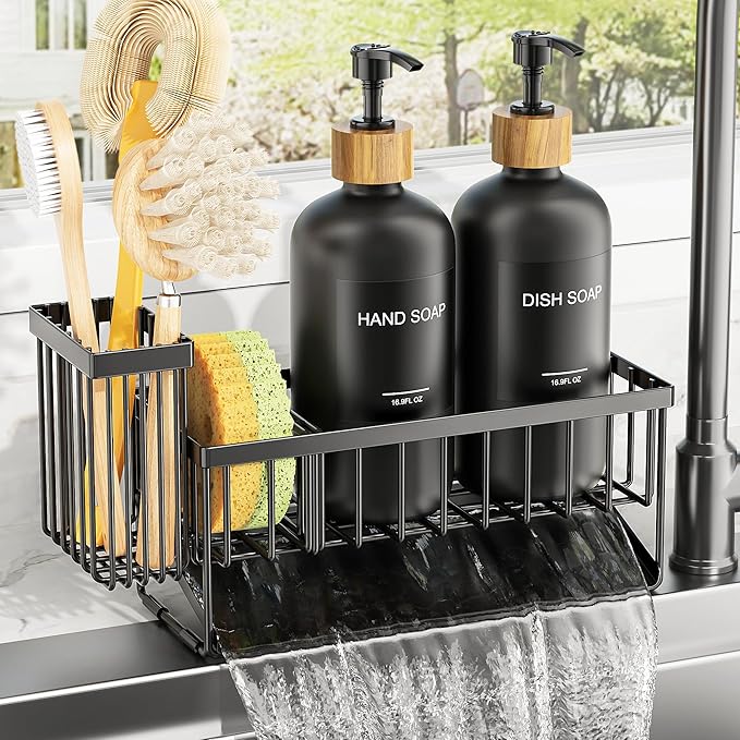 Cisily Kitchen Dish Soap Dispenser Set with 2 Pack 16.9oz Black Glass Bottle and Sponge Holder, Dish Soap Dispensers with Adjustable Sponge Holder, Vintage Hand and Dish Soap Dispensers Set - Image 5