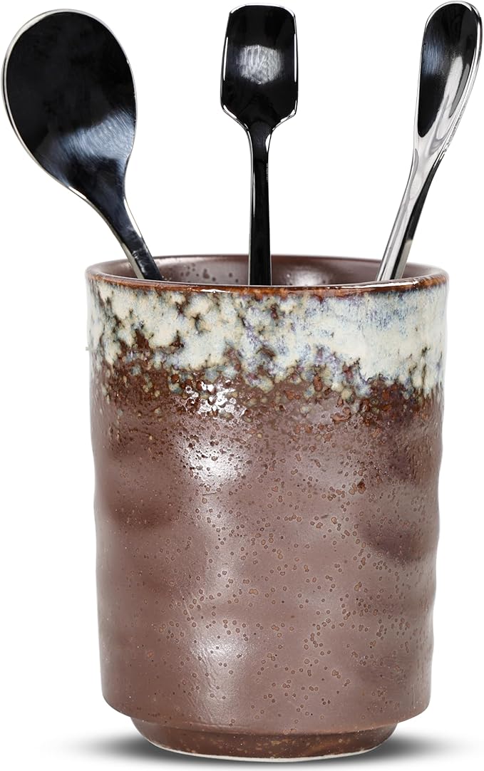 Ceramic Spoon Holder for Coffee Bar, Upright Tea Spoon Holder Cup, Coffee Stirrers Straws Stir Stick Holder, Frost on Brown Earth by U-TIMES