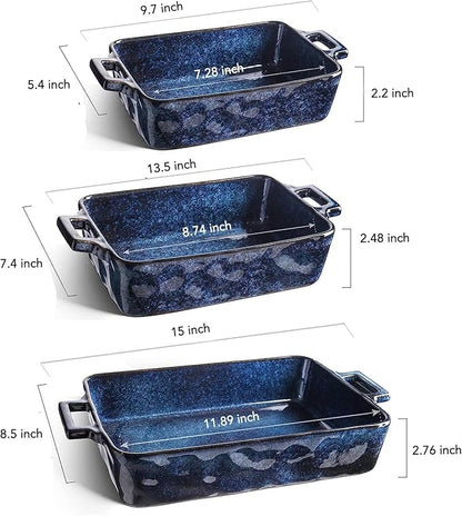 VICRAYS Ceramic Bakeware Set, Porcelain Rectangular Lasagna Pans Casserole Dish Set for Baking, Cooking, Kitchen, Cake Dinner, Banquet and Daily Use, 3 PCS, 15 x 8.5 Inches(Blue) - Image 2