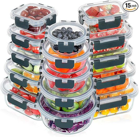 VERONES 30 Pieces Glass Meal Prep Containers Set, Stackable Glass Food Storage Containers with Lids-Airtight Lunch Containers，for Microwave, Oven, Freezer & Dishwasher,Grey