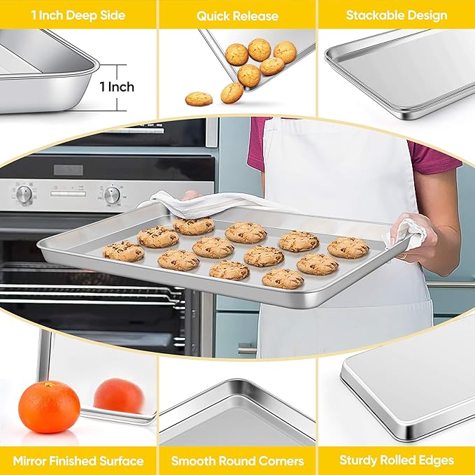 Homikit Baking Pan Sheet Set of 2, Stainless Steel Cookie Sheets Tray for Oven, 20 x 14 Large Metal Half Sheet Bakeware for Cooking Baking, Rustproof & Heavy Duty, Mirror Finish & Dishwasher Safe - Image 3