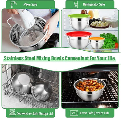 P&P CHEF Multicolor Mixing Bowls with Lids, Set of 3, Stainless Steel Salad Nesting Bowl for Mixing, Storing, Prepping, Airtight & Stackable, Size 4.6/3 /1.5 QT - Image 6