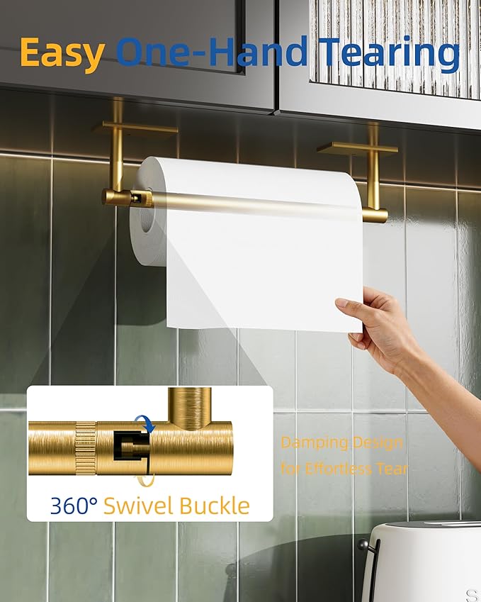RUACQ Paper Towel Holder Under Cabinet, Wall Mounted or Adhesive Stainless Steel Paper Towel Holder,Square Base Paper Towel Rack for Kitchen, RV, Bathroom (Brushed Gold)