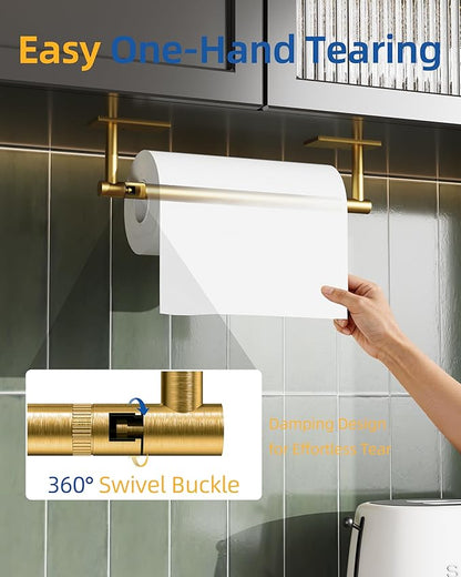RUACQ Paper Towel Holder Under Cabinet, Wall Mounted or Adhesive Stainless Steel Paper Towel Holder,Square Base Paper Towel Rack for Kitchen, RV, Bathroom (Brushed Gold)