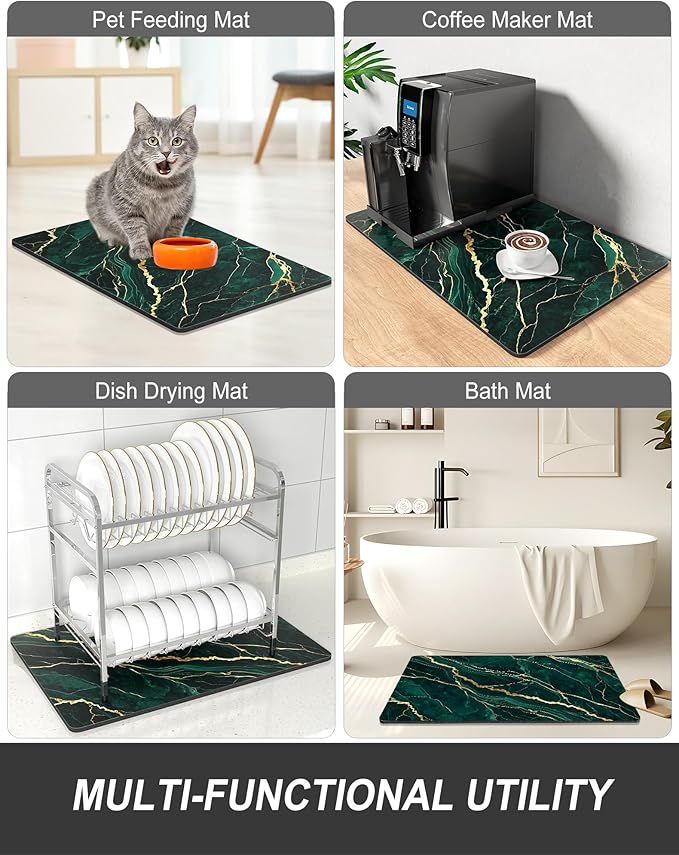 Rnivvi Dish Drying Mat for Kitchen Counter, 12 x 19" Cute Marble Super Absorbent Draining Pad, Non-Slip Heat Resistant Coffee Bar Mats for Coffee Machine Station Accessories, Green Gold Dish Rack Pad - Image 7