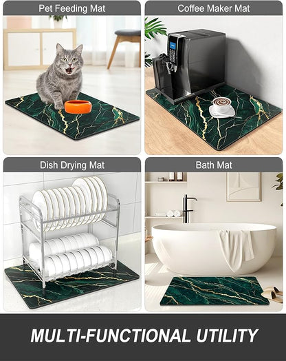 Rnivvi Dish Drying Mat for Kitchen Counter, 12 x 19" Cute Marble Super Absorbent Draining Pad, Non-Slip Heat Resistant Coffee Bar Mats for Coffee Machine Station Accessories, Green Gold Dish Rack Pad - Image 7