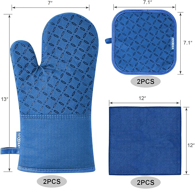 KEGOUU Oven Mitts and Pot Holders 6pcs Set, Kitchen Oven Glove High Heat Resistant 500 Degree Extra Long Oven Mitts and Potholder with Non-Slip Silicone Surface for Cooking (Royal Blue) - Image 2