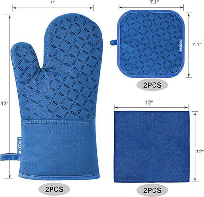 KEGOUU Oven Mitts and Pot Holders 6pcs Set, Kitchen Oven Glove High Heat Resistant 500 Degree Extra Long Oven Mitts and Potholder with Non-Slip Silicone Surface for Cooking (Royal Blue) - Image 2
