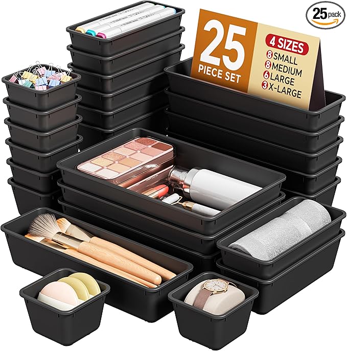 KEMETHY 25 PCS Plastic Drawer Organizers Set, 4 Sizes Vanity Organizer, Makeup and Desk Drawer Organizer Trays, Organization and Storage for Makeup, Bathroom, Kitchen Utensils and Office (Black) by KEMETHYFocusesonCreatingEfficientStorageProductswithQualityMaterials