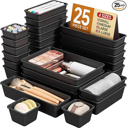 KEMETHY 25 PCS Plastic Drawer Organizers Set, 4 Sizes Vanity Organizer, Makeup and Desk Drawer Organizer Trays, Organization and Storage for Makeup, Bathroom, Kitchen Utensils and Office (Black) by KEMETHYFocusesonCreatingEfficientStorageProductswithQualityMaterials