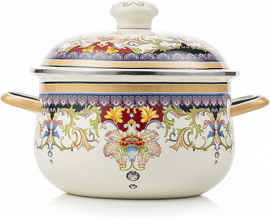 Retro Flower Enamel Stockpot with Lid,Stockpots for Cooking (5L-Mysterious Flower)
