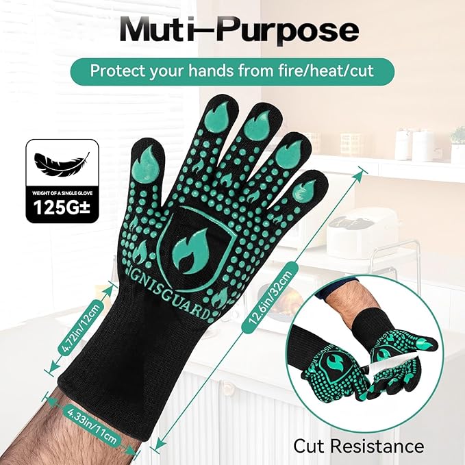 BBQ & Grill Gloves, Oven Gloves, 1472°F Silicone Oven Mitts Heat Resistant Grilling Gloves Fireproof Non-Slip for Barbecue Cooking Baking Smoking, 1-Pair (Green, Medium)