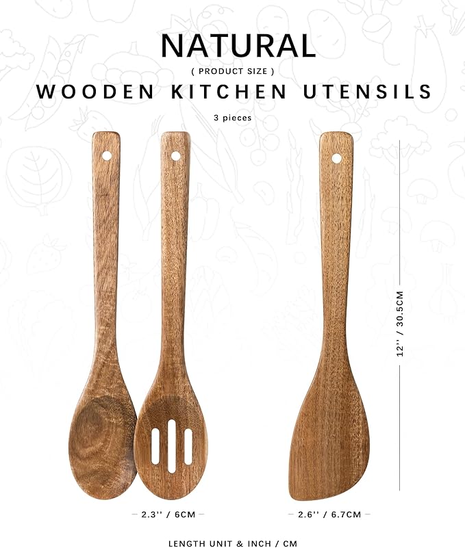 Wooden Spoons for Cooking, 3-Piece Wood Utensil Set Includes Slotted Spoon, Spoon & Wooden Spatula for Cooking – Acacia Wood Kitchen Utensil Set – 12 Inch Hardwearing Tools - Image 2
