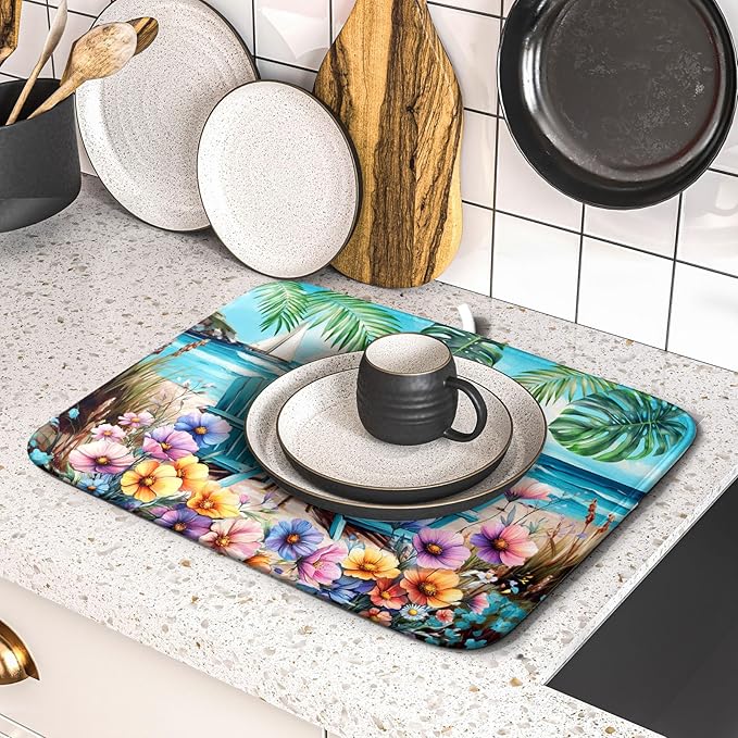 Spring Summer Sea Chair Dish Drying Mat for Kitchen Counter,Coastal Beach Palm Leaf Flowers Drying Mat 16 x 18 Inch with Absorbent Reversible Microfiber Drying Pad for Coffee Bar - Image 5