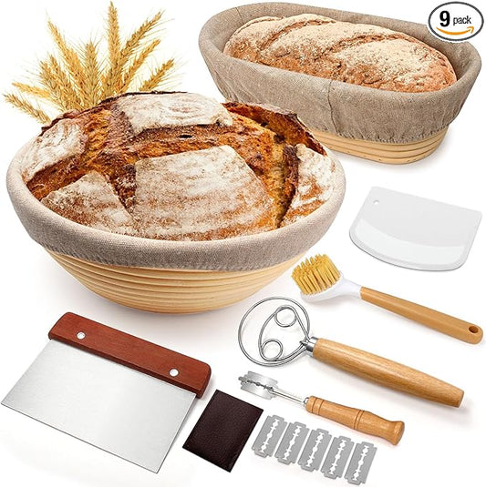 Sourdough Proofing Basket Gift Set, 9" Round and 10" Oval Banneton Bread Baking Supplies, Sourdough Baskets with Bread Lame, Danish Whish, Bowl Scraper, Sourdough Scraper, and Linen Liner by EWFEN