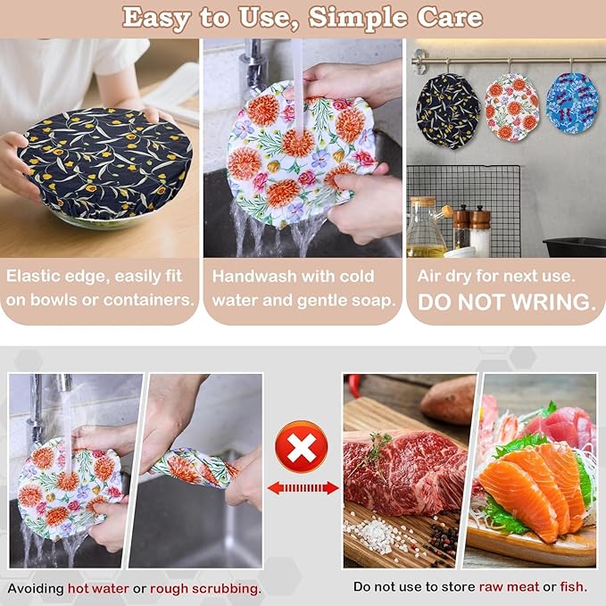 5-Size Reusable Beeswax Bowl Covers for Bread Proofing, Cotton Cloth Flexible Beeswax Wraps for Food Storage(Colorful Floral) - Image 6
