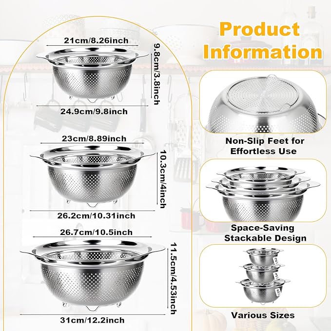 3 Pcs Stainless Steel Colander Strainer Set Metal Colander for Kitchen Pasta Strainer for Rice Food Fruits Spaghetti Vegetables (2QT, 3QT, 5QT) - Image 5