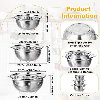 3 Pcs Stainless Steel Colander Strainer Set Metal Colander for Kitchen Pasta Strainer for Rice Food Fruits Spaghetti Vegetables (2QT, 3QT, 5QT) - Image 5