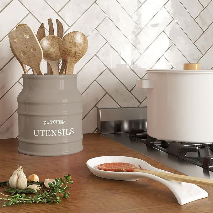 Barnyard Designs Ceramic Farmhouse Utensil Holder for Kitchen Counter, Large Rustic Utensil Crock, Countertop Cooking Tool Spatula Organizer, 6.75” (Taupe) - Image 4
