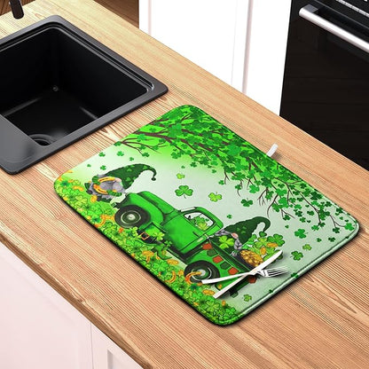 St Patrick's Day Shamrock Dish Drying Mat for Kitchen Counter Green Gnome Truck Dish Dry Mat St Patrick Spring Drying Mats Microfiber Absorbent Dish Drainer Rack Mat Large 18x24 Inch - Image 6
