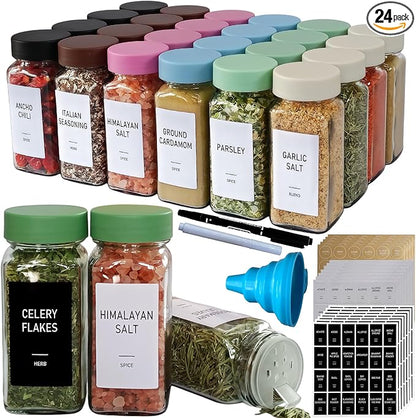 Spice Jars with Labels - 24 Glass Spice with Shaker Lids & Airtight Plastic Caps - 4oz Complete Seasoning Containers Organizer Set for Cabinet, Drawer & Rack (Green) by Unknown