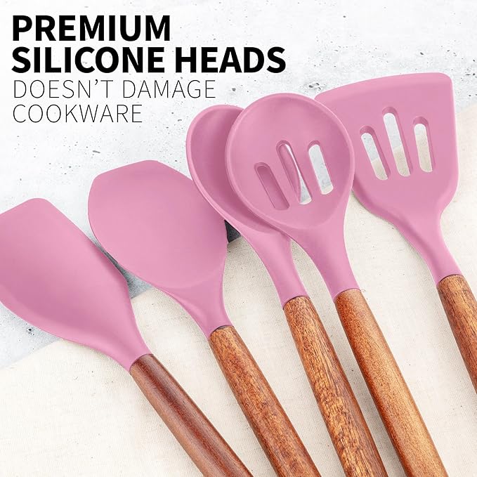Zulay Kitchen Non-Stick Cooking Utensils Set with Authentic Acacia Wood Handles – 5-Piece Durable & Stylish Silicone Kitchen Utensils Set – Heat Resistant to 464°F – Pink - Image 9