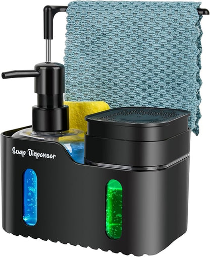 Hand Soap and Dish Soap Dispenser Set for Kitchen, Dual Soap Dispenser with Sponge Holder and Dishcloth Holder 4-in-1 Organizer for Kitchen Sink Countertop, Useful Kitchen Gadgets (Black) by Bestseek