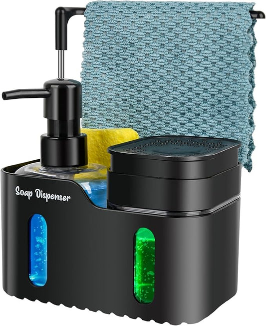 Hand Soap and Dish Soap Dispenser Set for Kitchen, Dual Soap Dispenser with Sponge Holder and Dishcloth Holder 4-in-1 Organizer for Kitchen Sink Countertop, Useful Kitchen Gadgets (Black) by Bestseek